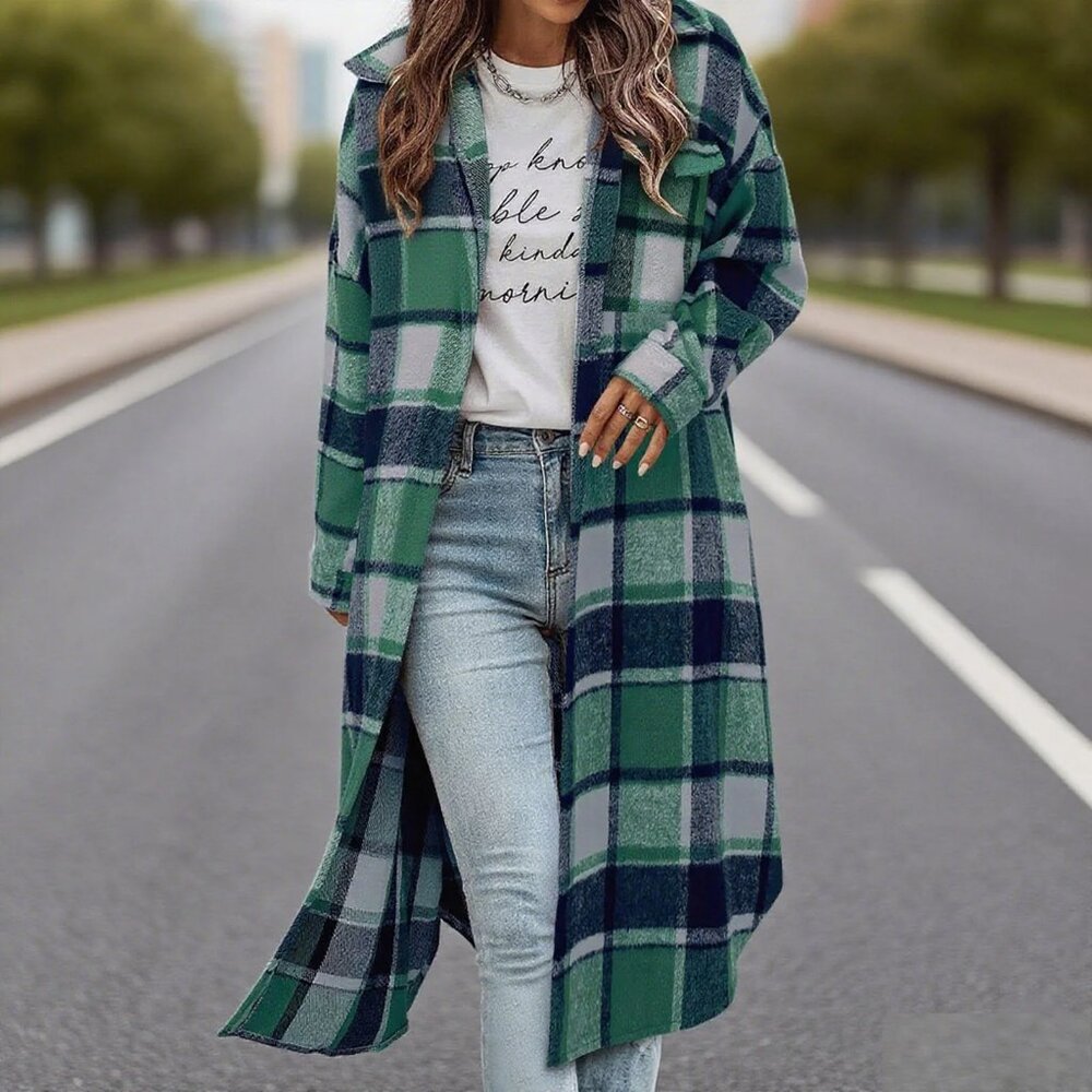 Omoone Flannel Plaid Oversized Midi length Shacket | Green | Size L | NWT